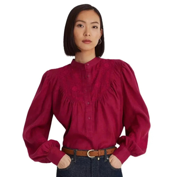 NWT Lauren Ralph Lauren Women's XL Long Sleeve Linen Embroidered Tunic Fuchsia - Picture 1 of 16